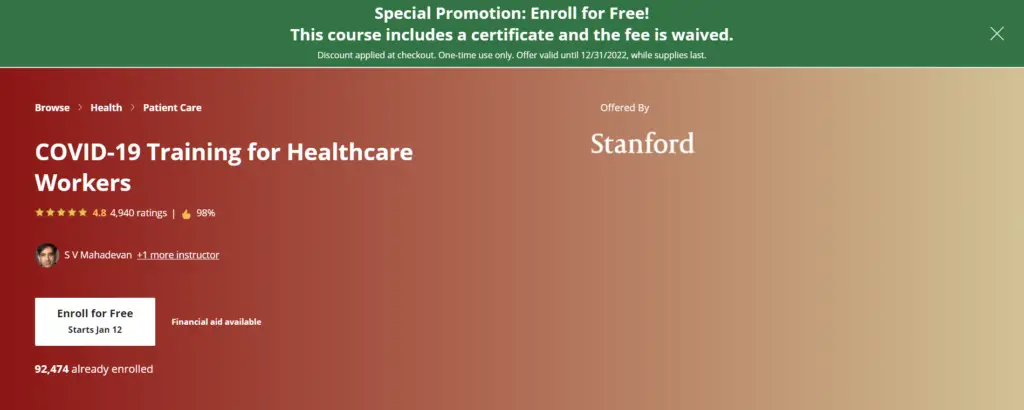 6 Courses on Coursera that are Free in 2022 Course 2 - Covid-19 Training for Healthcare Workers | Course Joiner