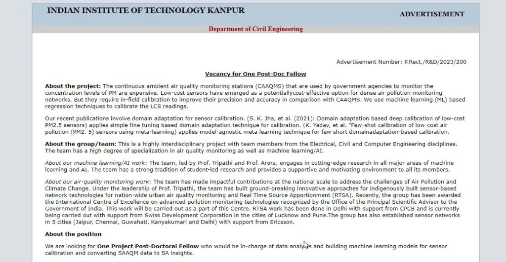 IIT Kanpur Project Postdoctoral Fellow Position: Earn to Rs. 70k, Apply by Sep 12, 2023