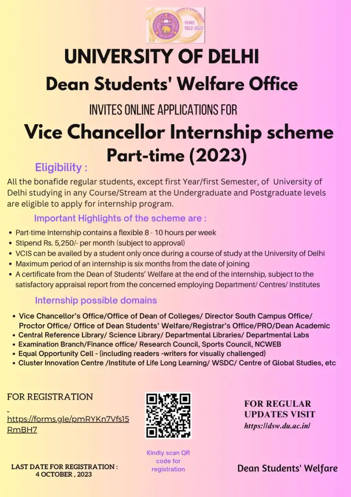 Delhi University (DU) Offered Vice-Chancellor Internship Scheme 2023: Part-time, 6 Months, Stipend of Rs. 5250